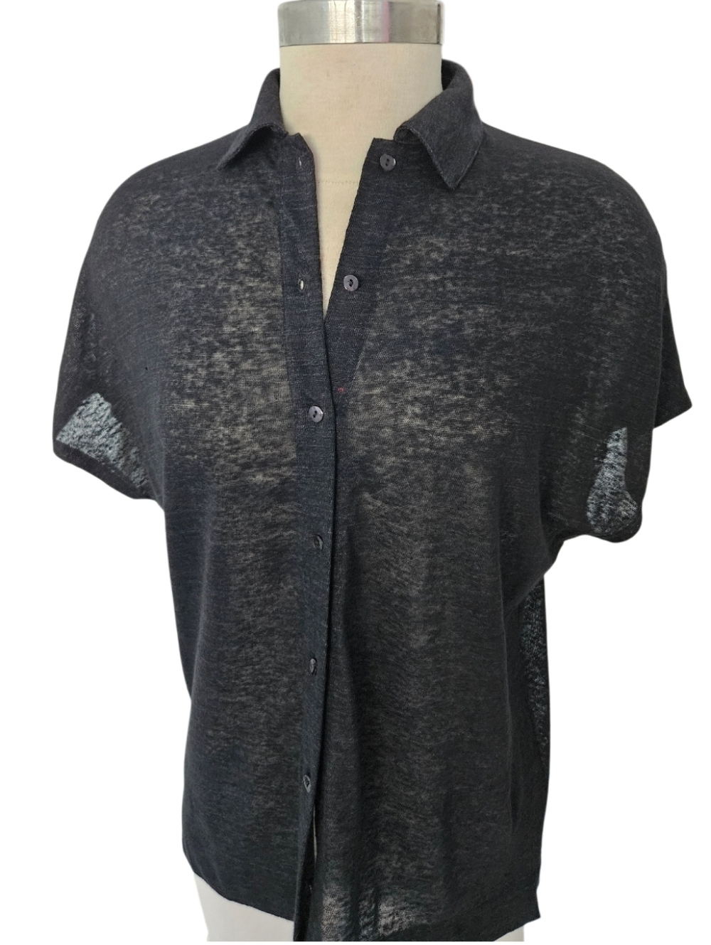 Massimo Dutti Sheer Black 100% Linen  Short-Sleeve Button-Down Shirt